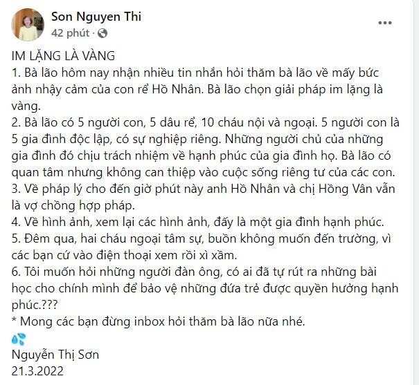 Bà trùm gia tộc Sơn Kim lên tiếng về lùm xùm tình cảm của con rể Hồ Nhân và ca sĩ Hiền Hồ?