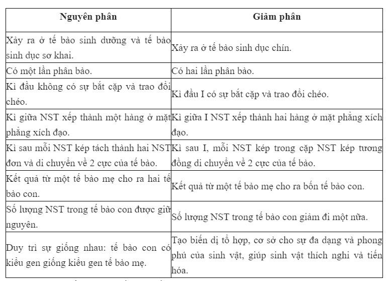 Sự khác nhau giữa nguyên phân và giảm phân